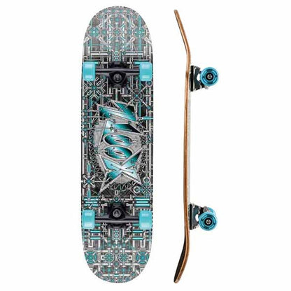Skateboard deck side profile with circuit graphic, teal wheels, and trucks