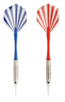 Pair of darts with blue and red striped flights and metal tips