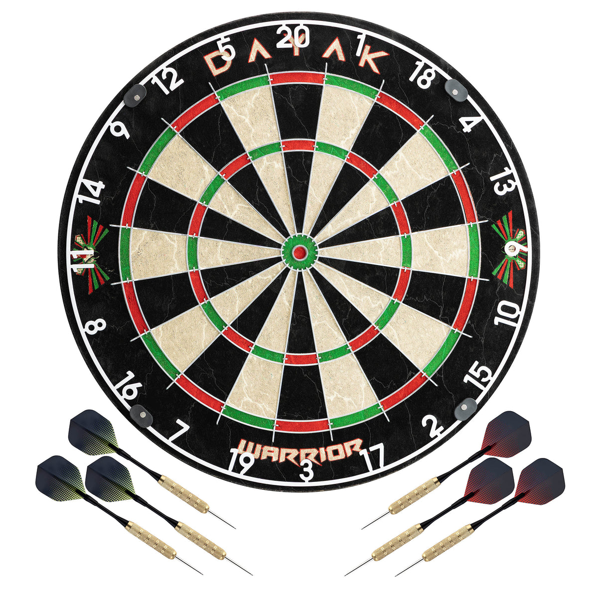 Dayak Warrior dartboard with multiple darts arranged around the black numbered target.
