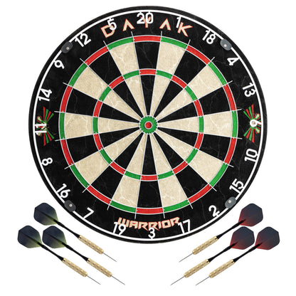 Dayak Warrior dartboard with multiple darts arranged around the black numbered target.