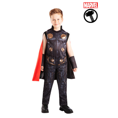 Thor Classic costume: black armored jumpsuit with chest emblem and red cape, kids