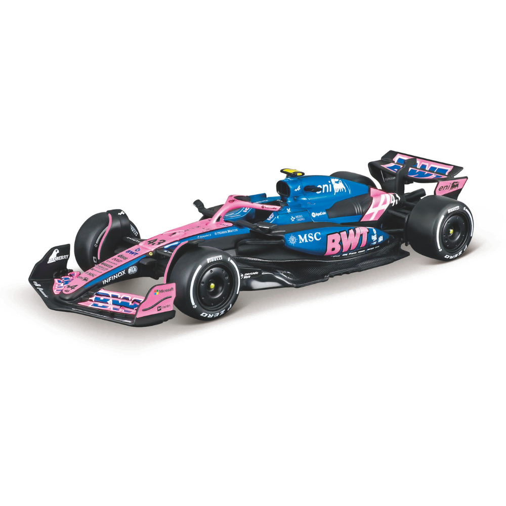 1:43 scale F1 race car model, pink and blue BWT livery with #43 decal