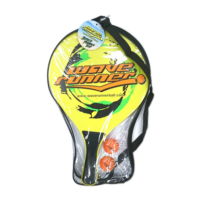 Beach paddle ball set paddle with yellow and green Wave Runner graphic, wrist strap