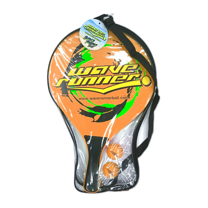 Beach paddle ball set paddle with orange and green Wave Runner graphic, wrist strap