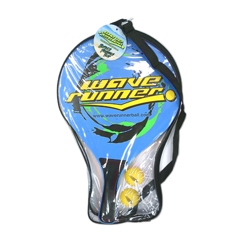 Beach paddle ball set paddle with blue and green Wave Runner graphic, wrist strap