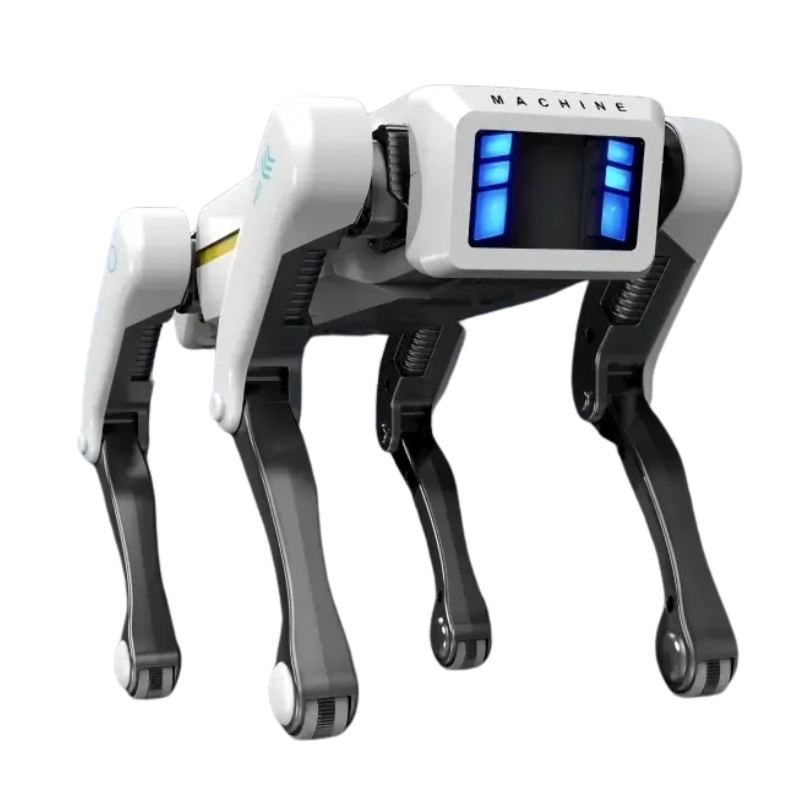 Close-up robot dog toy with blue display and black articulated walking legs