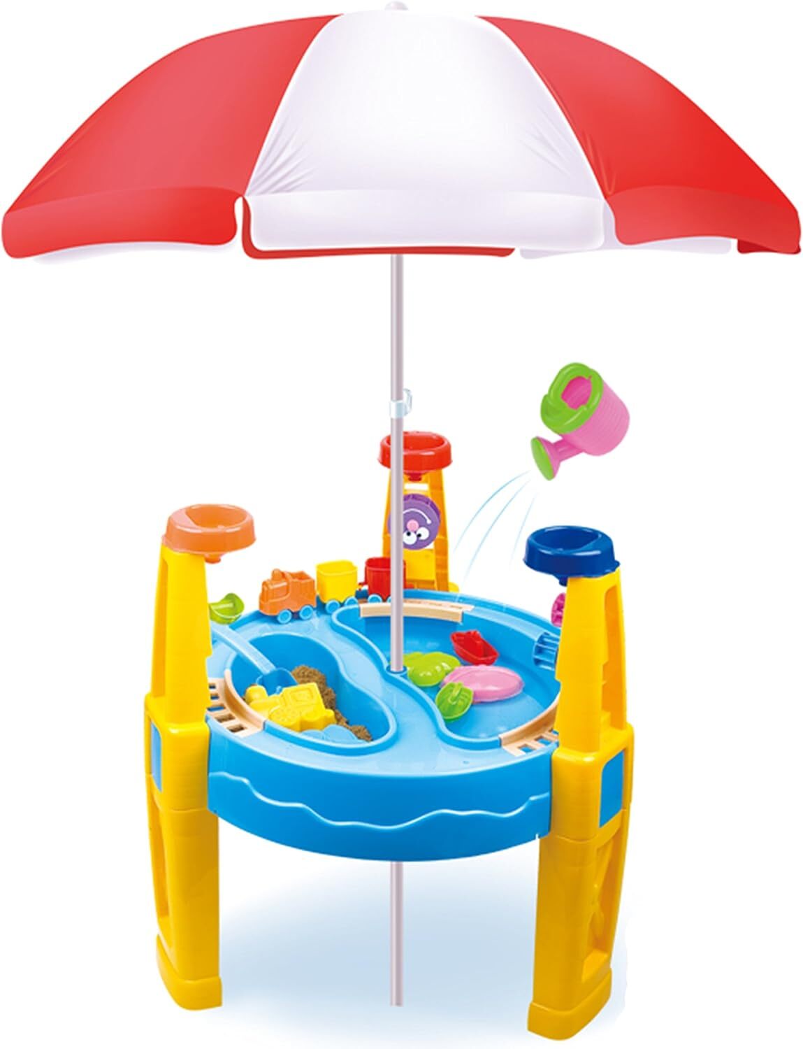 Outdoor sand and water table toy with red-and-white umbrella, blue basin, and yellow stands