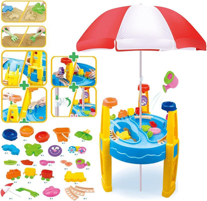Outdoor sand and water table with umbrella and included accessory pieces, blue basin, yellow sides