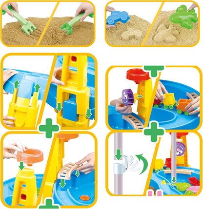 Sand and water table toy play features collage: tools, water stream, scoops, yellow frame