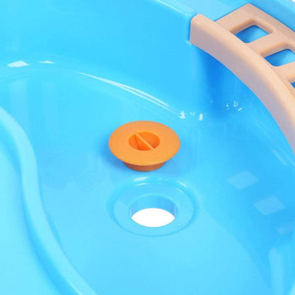 Blue water basin with round orange drain stopper and molded center hole