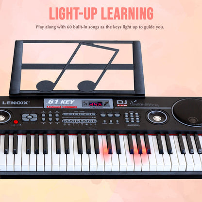61-Key Electronic Learning Piano Keyboard, Light-Up Keys, LCD Display, with Stand