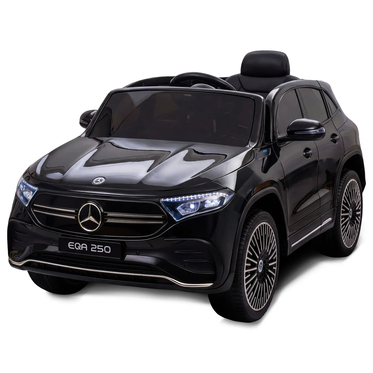 Black kids electric ride-on car with front LED headlights and Mercedes-style grille
