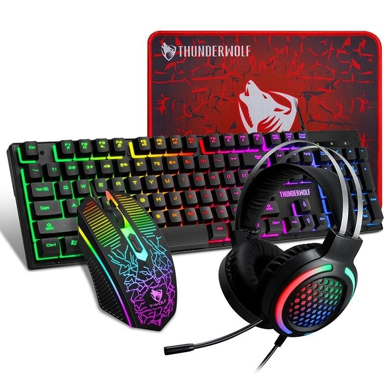 Gaming kit set with rainbow RGB keyboard, RGB mouse, over-ear headset, and mouse pad