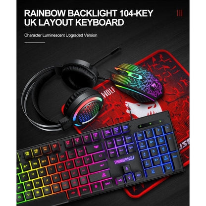 Gaming keyboard, over-ear headset, and RGB mouse pad with multicolor backlit keys