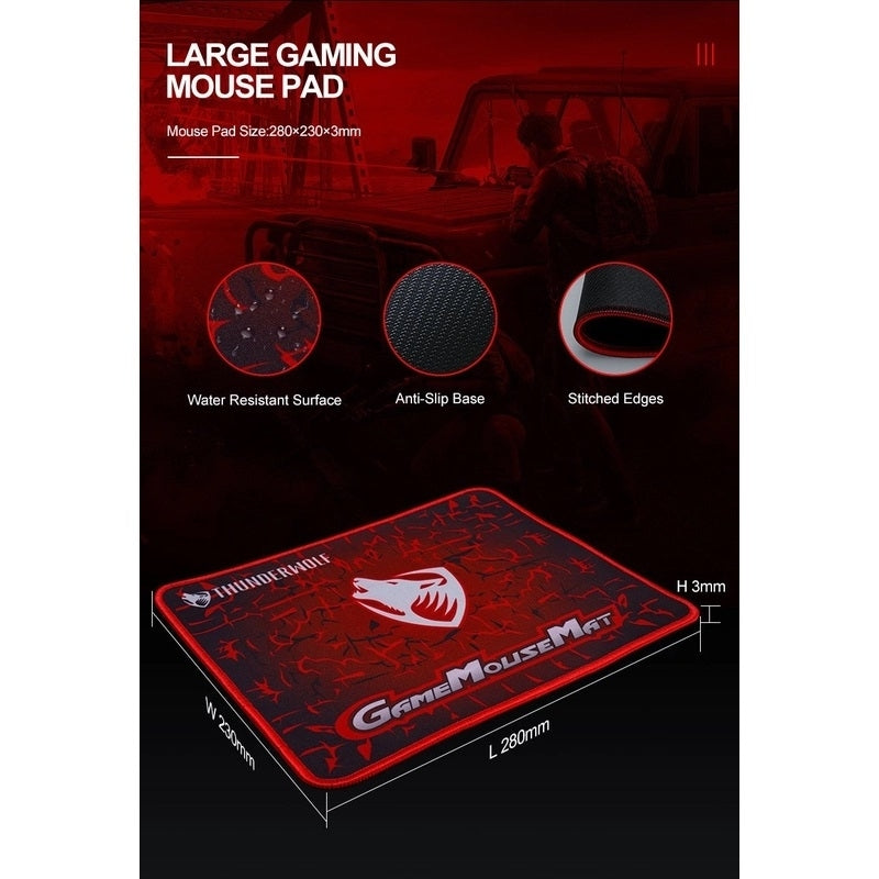 Large gaming mouse pad with stitched edges, non-slip base, red graphic