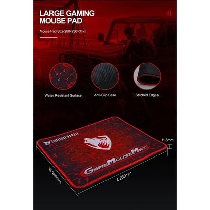 Large gaming mouse pad with stitched edges, non-slip base, red graphic