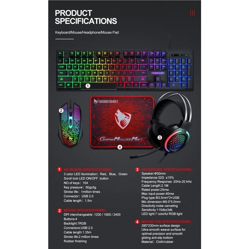 Rainbow keyboard, RGB mouse, red GameMouseMat mouse pad, and gaming headset set