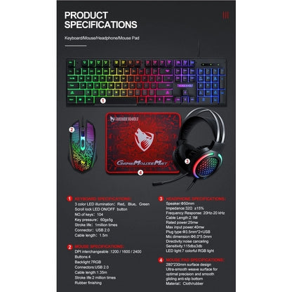 Rainbow keyboard, RGB mouse, red GameMouseMat mouse pad, and gaming headset set