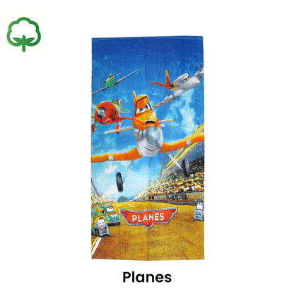 Cotton beach towel with Planes cartoon design and “Planes” banner at bottom