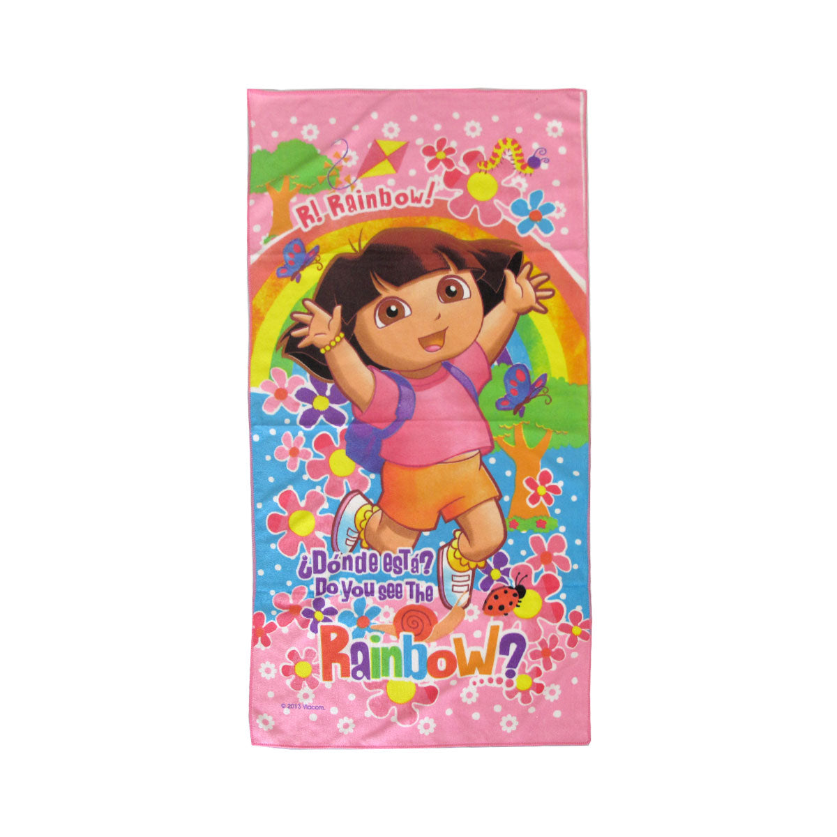 Kids microfiber beach towel with Dora-style cartoon and rainbow flowers, pink background
