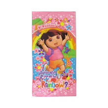 Kids microfiber beach towel with Dora-style cartoon and rainbow flowers, pink background