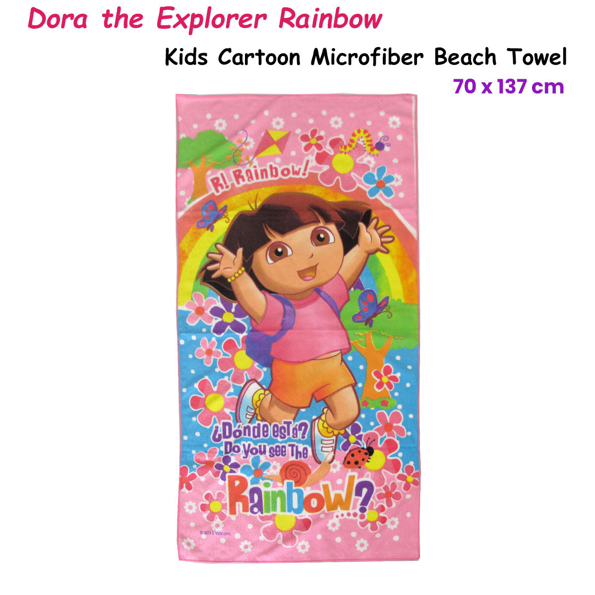 Kids microfiber beach towel featuring Dora cartoon in rainbow arch and colorful flowers