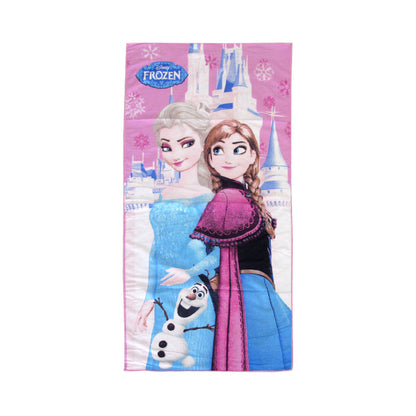 Kids cartoon microfiber beach towel with Elsa and Anna print on purple background