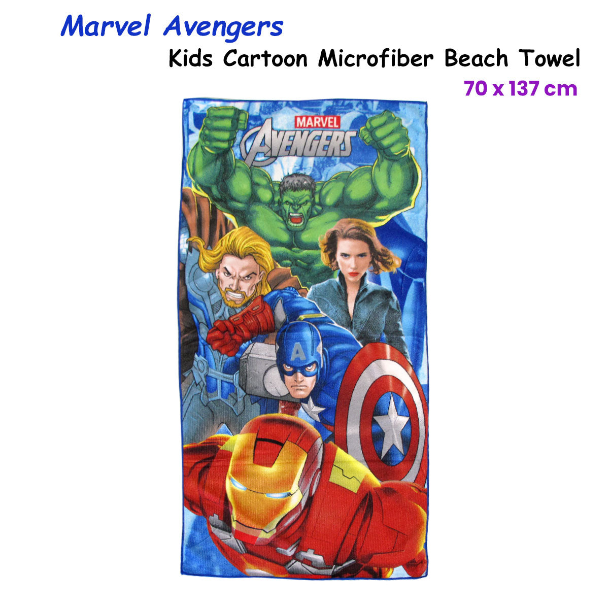 Kids microfiber beach towel featuring Avengers hero cartoon characters