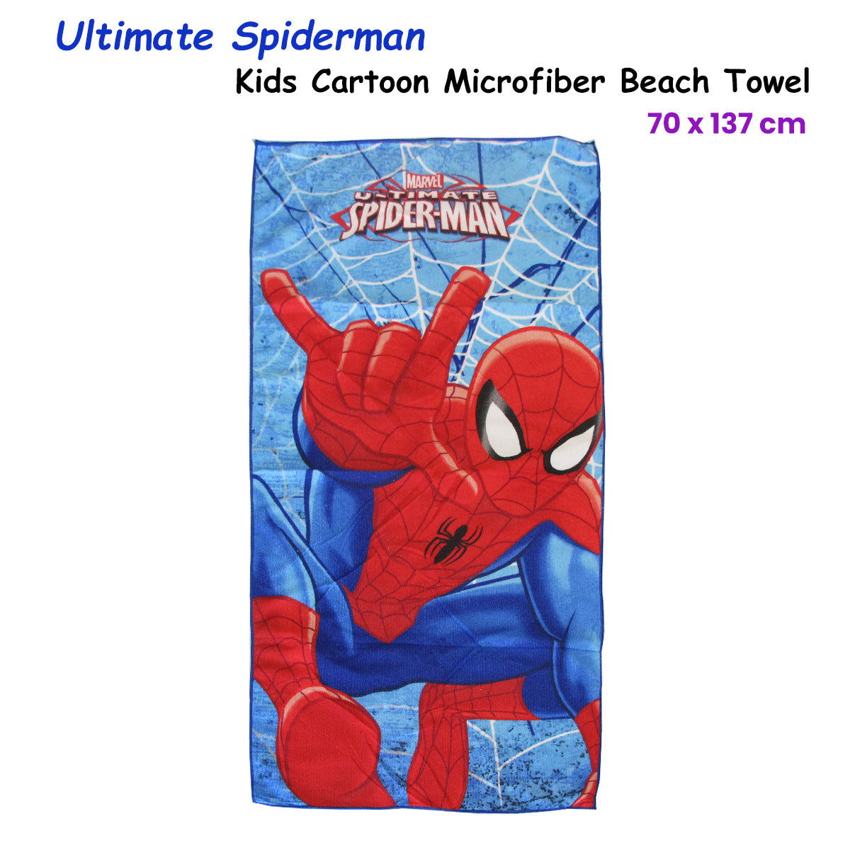 Kids microfiber beach towel with red-and-blue spider hero face and web pattern