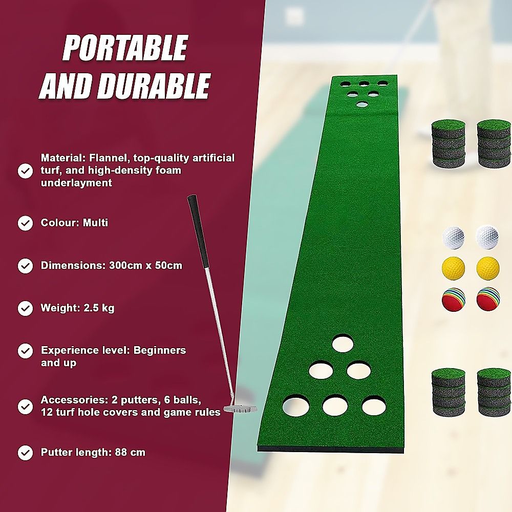 Green putting mat with two putters and assorted balls shown together in a set