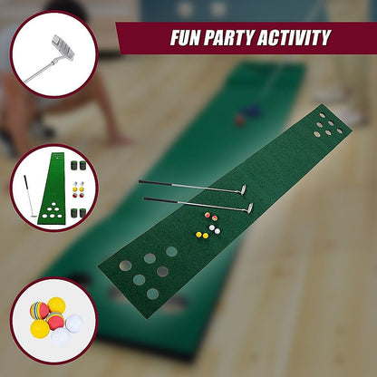 Green putting mat with cup holes, two putters, and colorful balls for party play