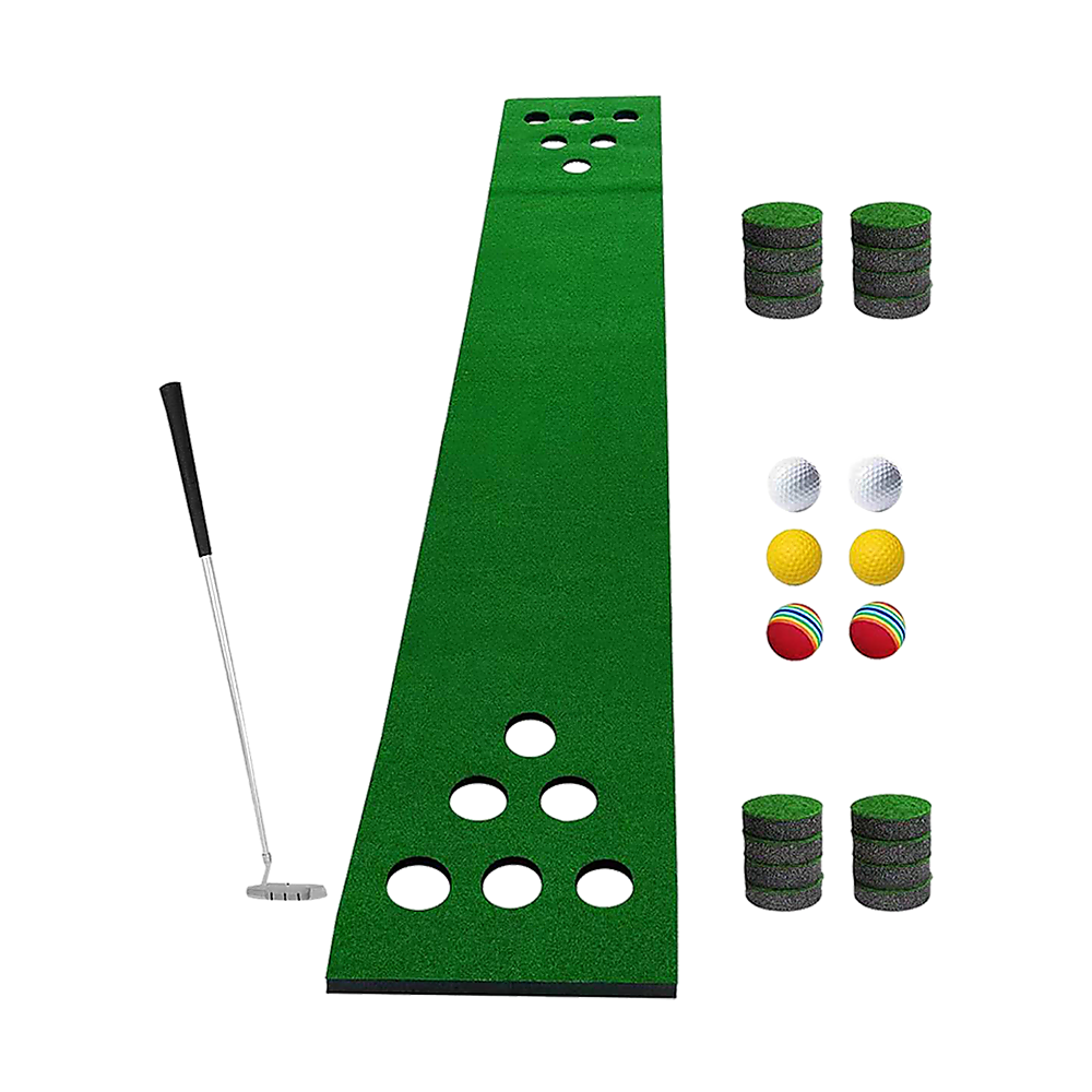 Green putting mat with cup holes, two putters, and stackable cup pieces plus balls