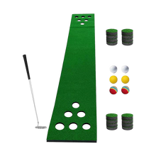Green putting mat with cup holes, two putters, and stackable cup pieces plus balls