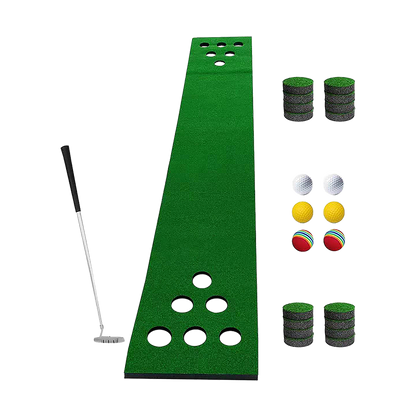 Green putting mat with cup holes, two putters, and stackable cup pieces plus balls