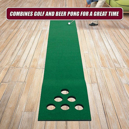 Green putting mat with ball cup holes and foam balls laid out on a floor