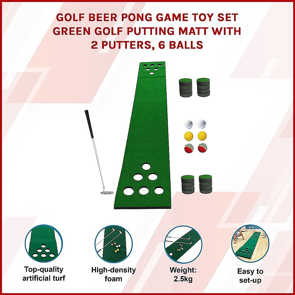 Green golf putting mat game set with two putters, six balls, and cup parts