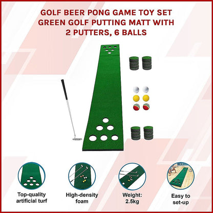 Green golf putting mat game set with two putters, six balls, and cup parts