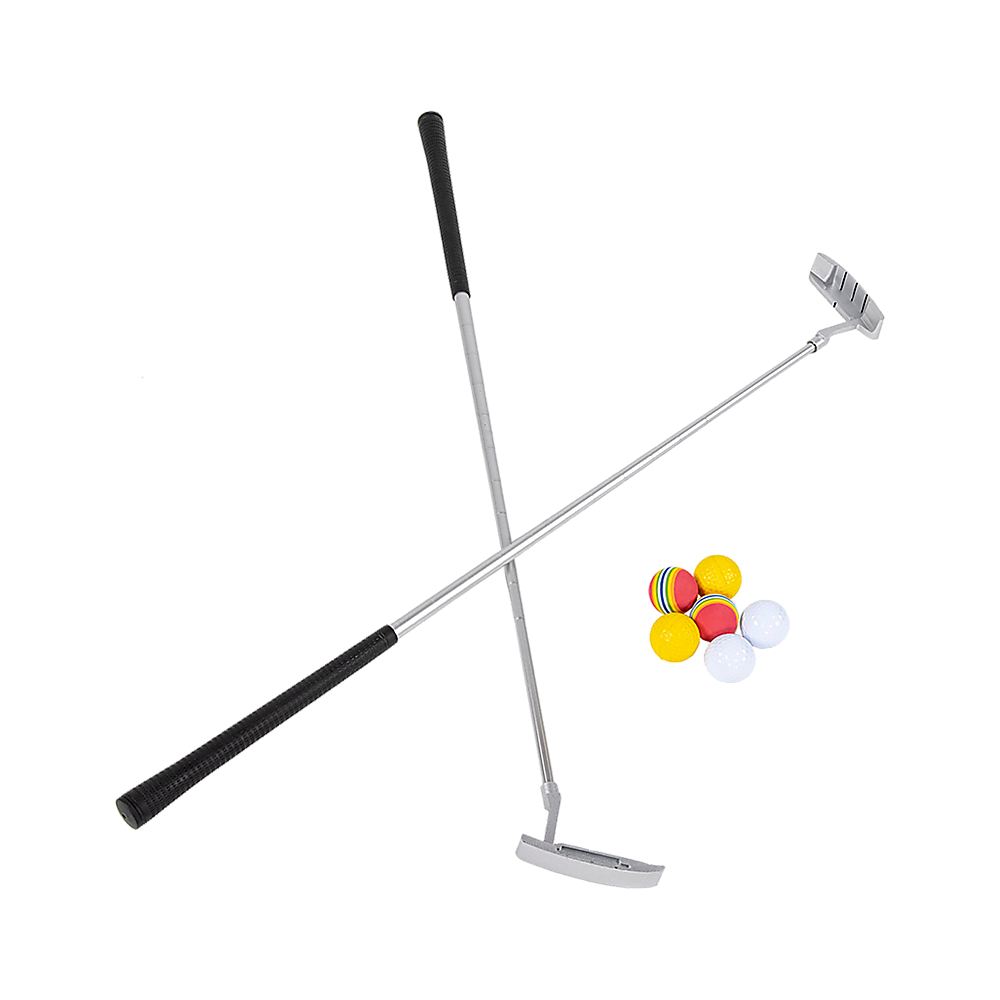 Two golf putters and six foam balls for the putting and beer pong game set