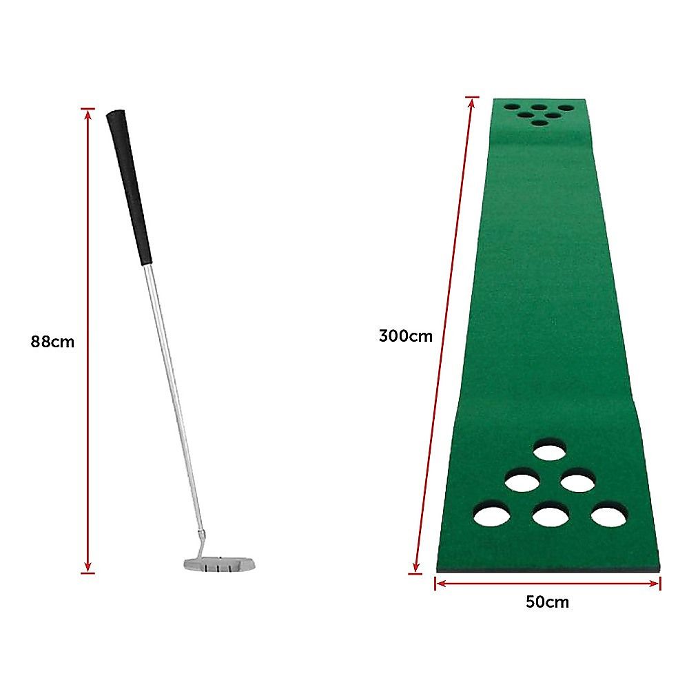 Green putting mat with size guide: 300cm x 50cm, plus 88cm putter length