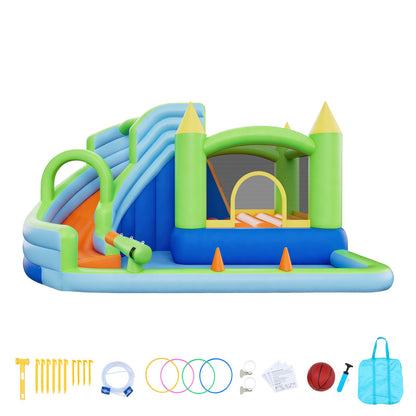 Inflatable Bounce House, 3.4 x 3.74 x 2.13 m Inflatable Bounce House Water Slide, Bouncer Castle with Castle Bounces, Basketball Hoop, Splash Pool & Water Ring Toss, for 3 to 4 Kids Ages 3 to 8
