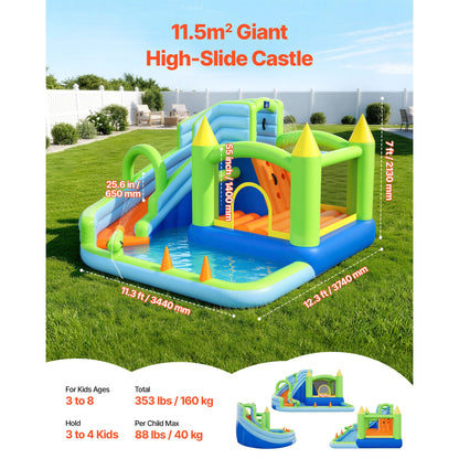 Inflatable Bounce House, 3.4 x 3.74 x 2.13 m Inflatable Bounce House Water Slide, Bouncer Castle with Castle Bounces, Basketball Hoop, Splash Pool & Water Ring Toss, for 3 to 4 Kids Ages 3 to 8