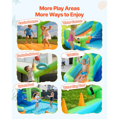 Inflatable Bounce House, 3.4 x 3.74 x 2.13 m Inflatable Bounce House Water Slide, Bouncer Castle with Castle Bounces, Basketball Hoop, Splash Pool & Water Ring Toss, for 3 to 4 Kids Ages 3 to 8
