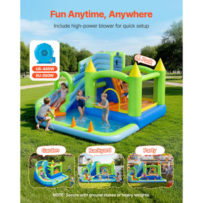Inflatable Bounce House, 3.4 x 3.74 x 2.13 m Inflatable Bounce House Water Slide, Bouncer Castle with Castle Bounces, Basketball Hoop, Splash Pool & Water Ring Toss, for 3 to 4 Kids Ages 3 to 8