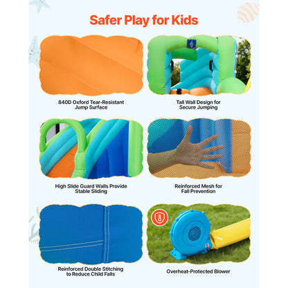 Inflatable Bounce House, 3.4 x 3.74 x 2.13 m Inflatable Bounce House Water Slide, Bouncer Castle with Castle Bounces, Basketball Hoop, Splash Pool & Water Ring Toss, for 3 to 4 Kids Ages 3 to 8