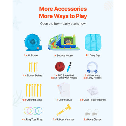 Inflatable Bounce House, 3.4 x 3.74 x 2.13 m Inflatable Bounce House Water Slide, Bouncer Castle with Castle Bounces, Basketball Hoop, Splash Pool & Water Ring Toss, for 3 to 4 Kids Ages 3 to 8