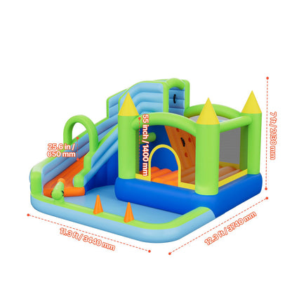 Inflatable Bounce House, 3.4 x 3.74 x 2.13 m Inflatable Bounce House Water Slide, Bouncer Castle with Castle Bounces, Basketball Hoop, Splash Pool & Water Ring Toss, for 3 to 4 Kids Ages 3 to 8