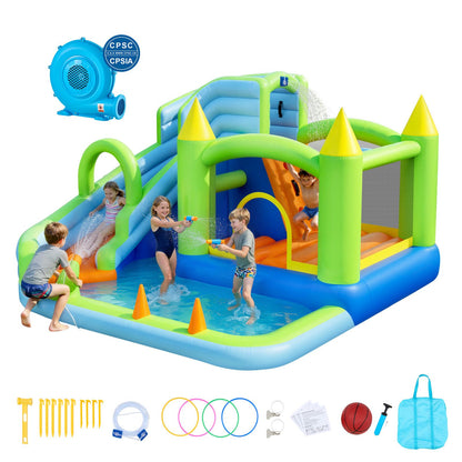 Inflatable Bounce House, 3.4 x 3.74 x 2.13 m Inflatable Bounce House Water Slide, Bouncer Castle with Castle Bounces, Basketball Hoop, Splash Pool & Water Ring Toss, for 3 to 4 Kids Ages 3 to 8