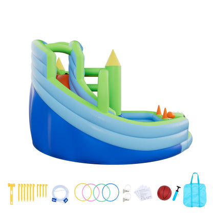 Inflatable Bounce House, 3.4 x 3.74 x 2.13 m Inflatable Bounce House Water Slide, Bouncer Castle with Castle Bounces, Basketball Hoop, Splash Pool & Water Ring Toss, for 3 to 4 Kids Ages 3 to 8