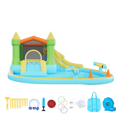 Inflatable Bounce House, 3.82 x 3.98 x 1.97 m Inflatable Bounce House Water Slide, Bouncer Castle with Castle Bounces, Basketball Hoop, Splash Pool & Water Ring Toss, for 3 to 4 Kids Ages 3 to 8
