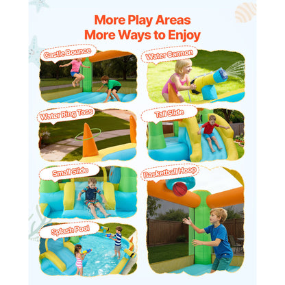 Inflatable Bounce House, 3.82 x 3.98 x 1.97 m Inflatable Bounce House Water Slide, Bouncer Castle with Castle Bounces, Basketball Hoop, Splash Pool & Water Ring Toss, for 3 to 4 Kids Ages 3 to 8